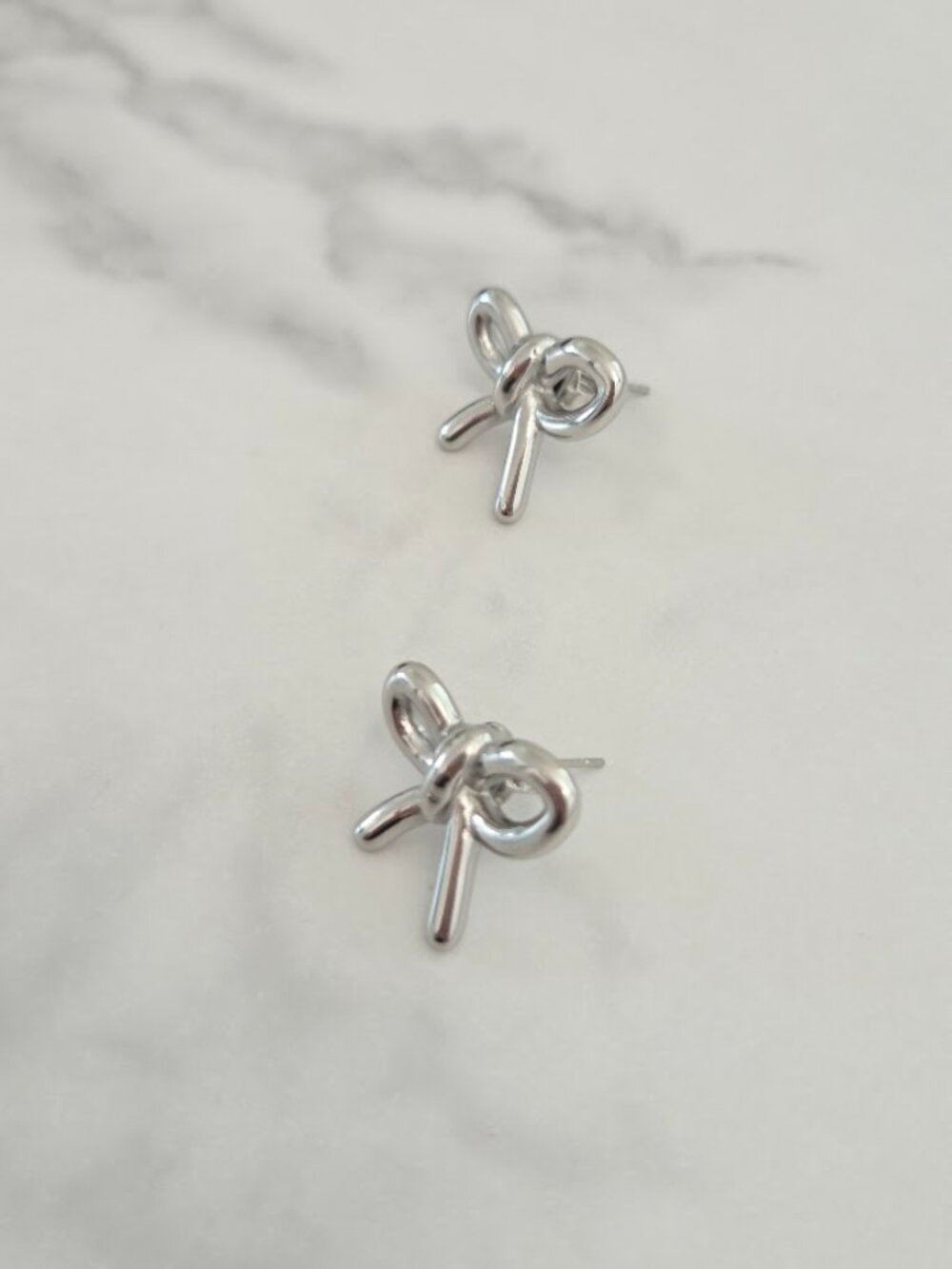 Silver Bow Stud Earrings Chunky Metallic Ribbon Coquette Statement Minimalist - Picture 3 of 8